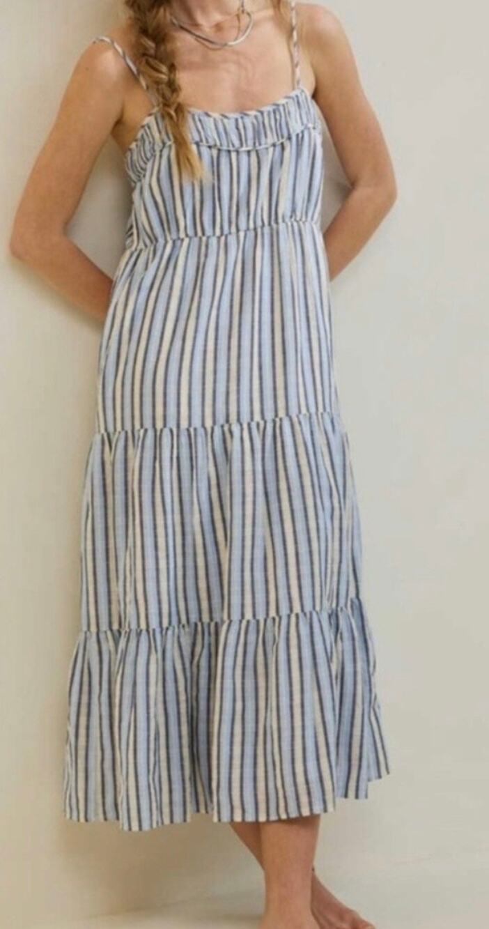 Aerie Tiered Ruffle Maxi Cape Spaghetti Strap Sun Dress XS Blue & White Stripes